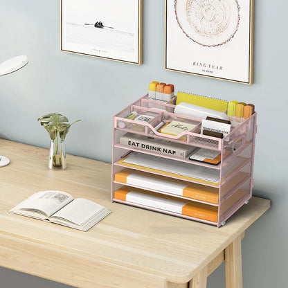 5 Tier Paper Letter Tray Desk Organizer with Pen Holders - Pink