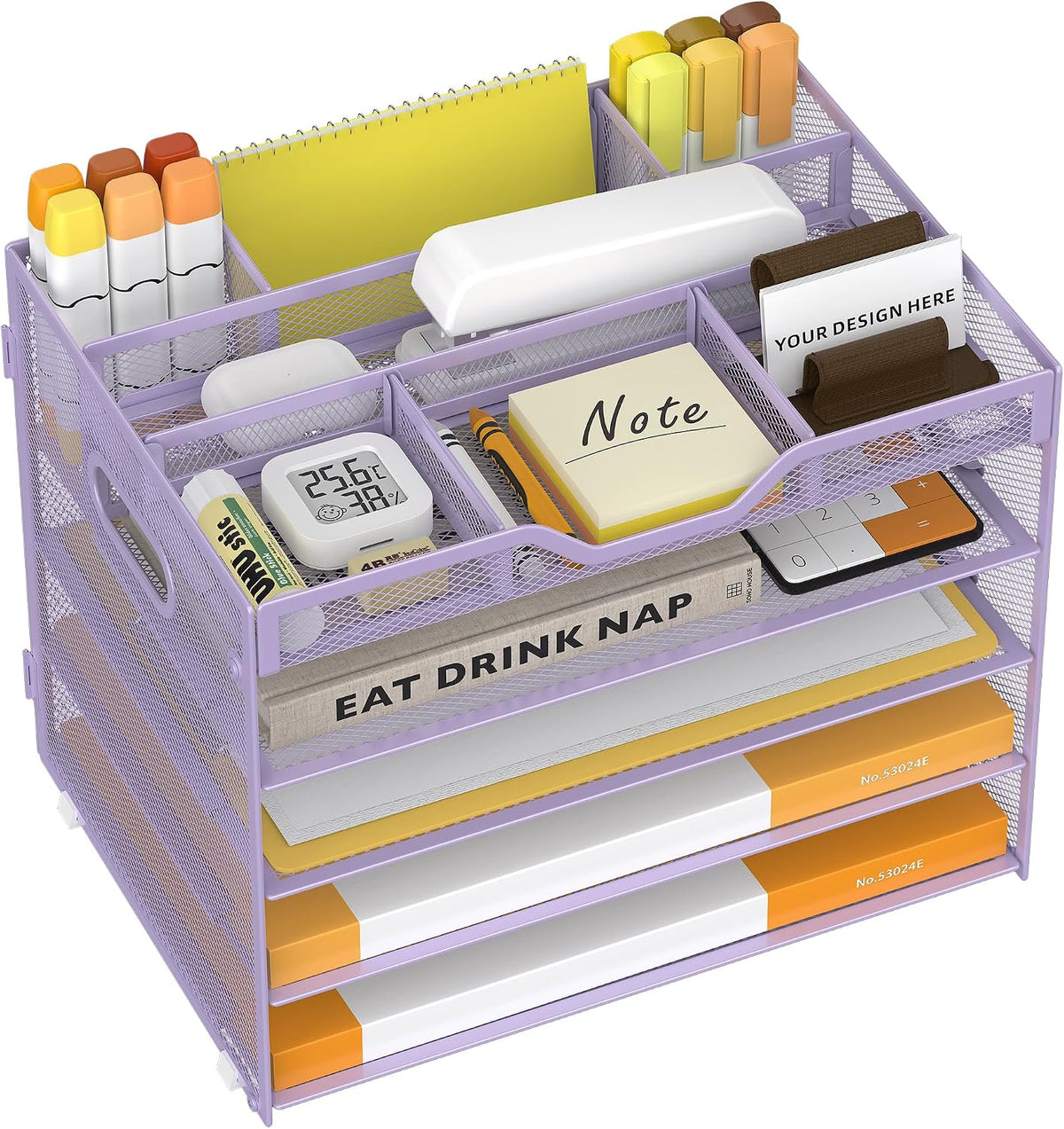 5 Tier Paper Letter Tray Desk Organizer with Pen Holders - Pink