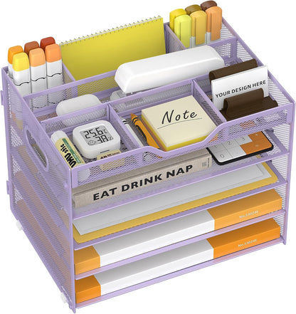 5 Tier Paper Letter Tray Desk Organizer with Pen Holders - Pink