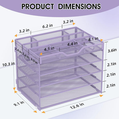 5 Tier Paper Letter Tray Desk Organizer with Pen Holders - Pink