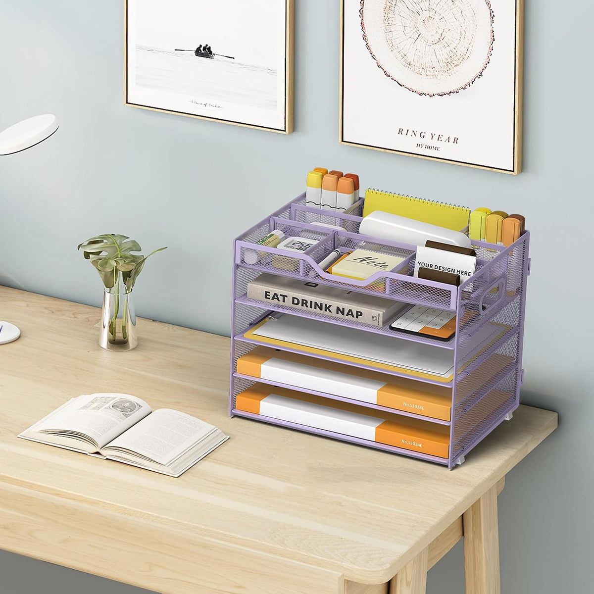 5 Tier Paper Letter Tray Desk Organizer with Pen Holders - Pink