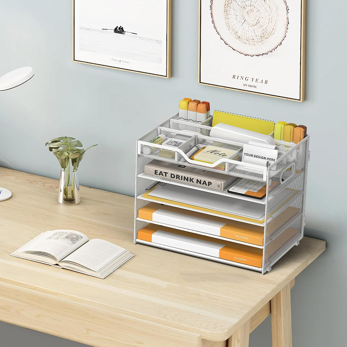 5 Tier Paper Letter Tray Desk Organizer with Pen Holders - Pink