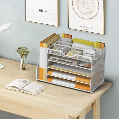 5 Tier Paper Letter Tray Desk Organizer with Pen Holders - Pink