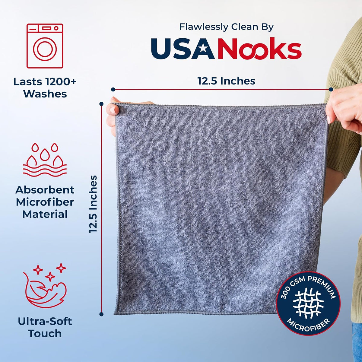 Microfiber Cleaning Cloth Grey - 12 Pcs (12.5"x12.5") - High Performance - 1200 Washes, Ultra Absorbent Microfiber Towel Weave Grime & Liquid for Streak-Free Mirror Shine - Car Washing Cloth
