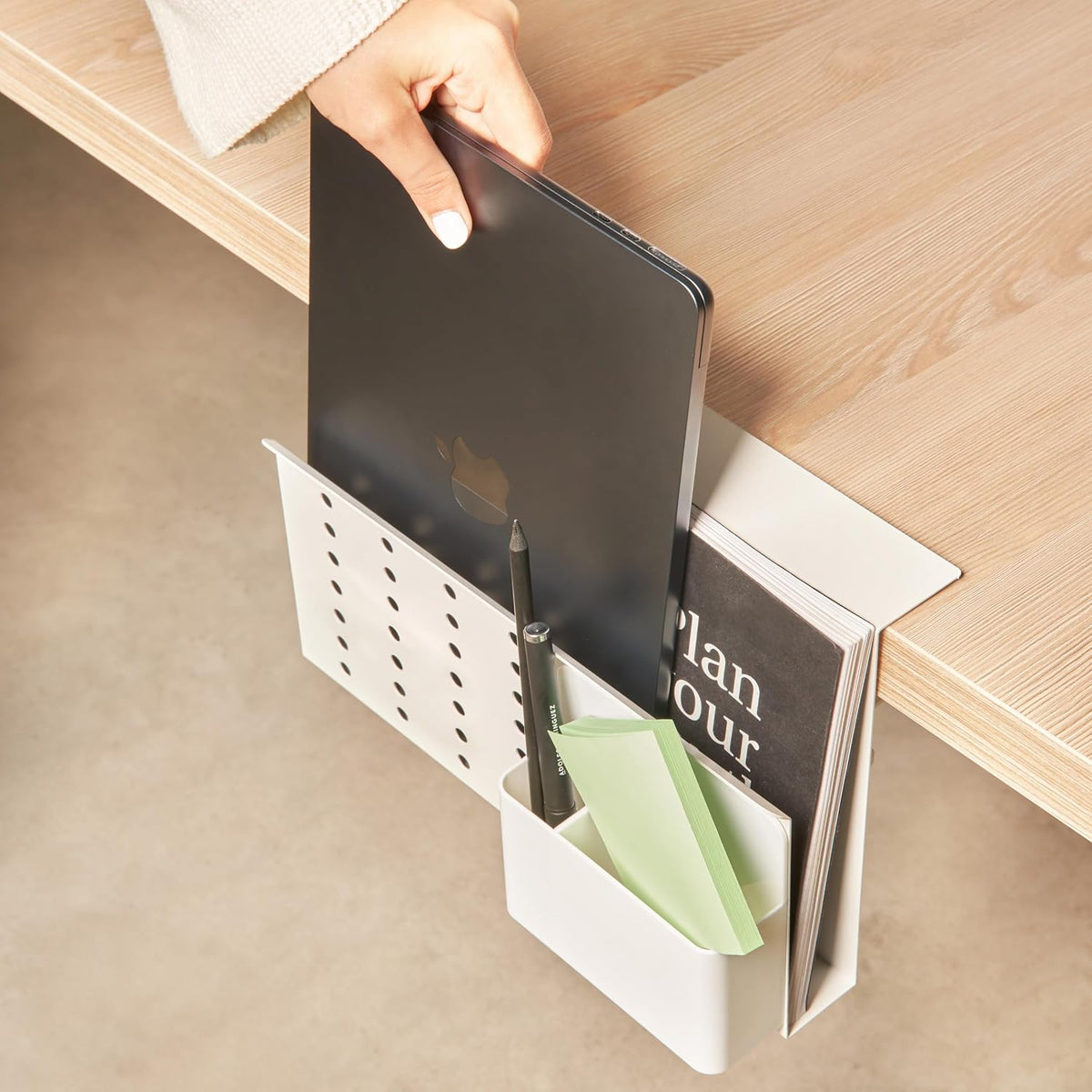 Laptop Side Storage Vertical Stand Under Desk top Storage Clamp On Desktop Shelf Hanging Desk Organizer Computer Mount Side Table Organizer Caddy Book Caddy - One Tier White