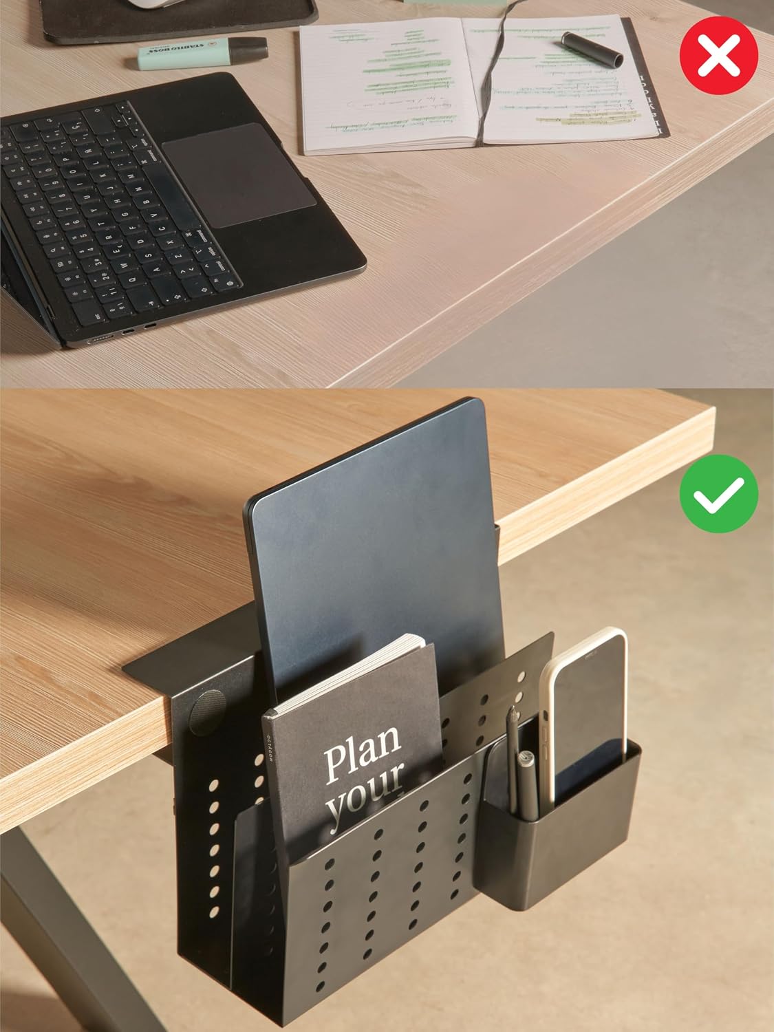 Laptop Side Storage Vertical Stand Under Desk top Storage Clamp On Desktop Shelf Hanging Desk Organizer Computer Mount Side Table Organizer Caddy Book Caddy - One Tier White