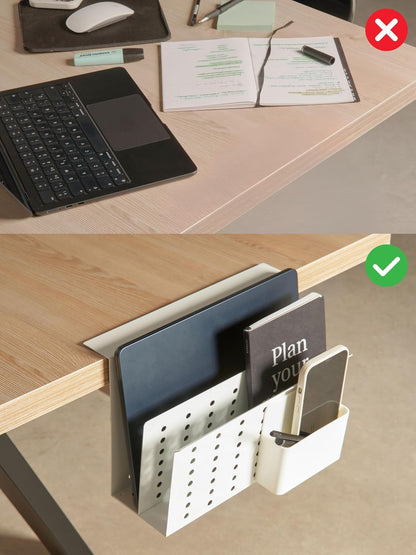 Laptop Side Storage Vertical Stand Under Desk top Storage Clamp On Desktop Shelf Hanging Desk Organizer Computer Mount Side Table Organizer Caddy Book Caddy - One Tier White
