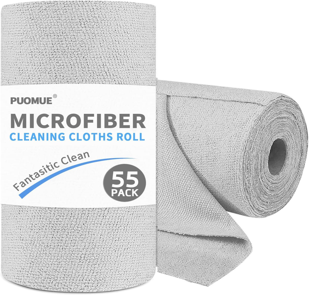 55 Pack Microfiber Cleaning Cloth Roll, Tear Away Reusable Paper Towels, 11" x 9", Ultra Absorbent & Lint Free Microfiber Cloth for Cleaning Cars, Kitchen, Window, Home and Shop, Grey