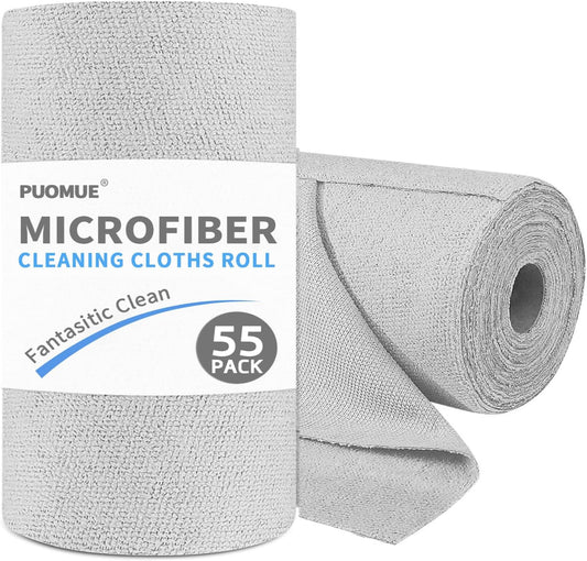 55 Pack Microfiber Cleaning Cloth Roll, Tear Away Reusable Paper Towels, 11" x 9", Ultra Absorbent & Lint Free Microfiber Cloth for Cleaning Cars, Kitchen, Window, Home and Shop, Grey