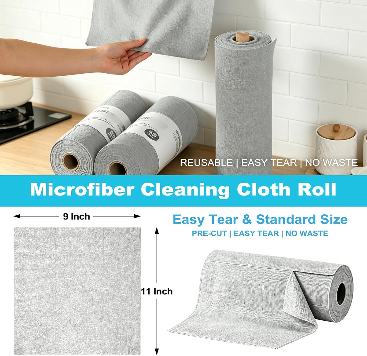 55 Pack Microfiber Cleaning Cloth Roll, Tear Away Reusable Paper Towels, 11" x 9", Ultra Absorbent & Lint Free Microfiber Cloth for Cleaning Cars, Kitchen, Window, Home and Shop, Grey