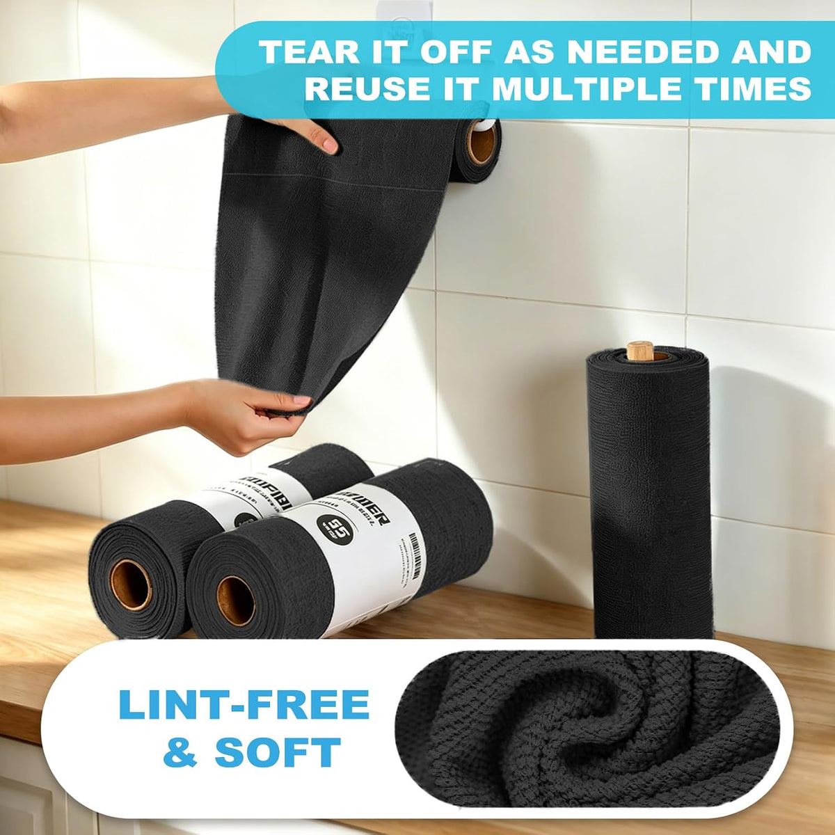 55 Pack Microfiber Cleaning Cloth Roll, Tear Away Reusable Paper Towels, 11" x 9", Ultra Absorbent & Lint Free Microfiber Cloth for Cleaning Cars, Kitchen, Window, Home and Shop, Grey