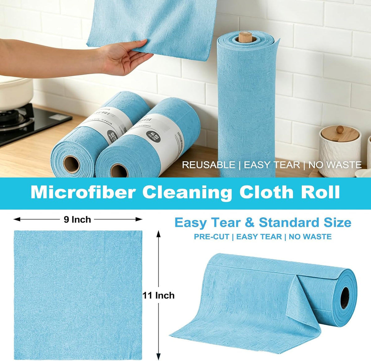 55 Pack Microfiber Cleaning Cloth Roll, Tear Away Reusable Paper Towels, 11" x 9", Ultra Absorbent & Lint Free Microfiber Cloth for Cleaning Cars, Kitchen, Window, Home and Shop, Grey