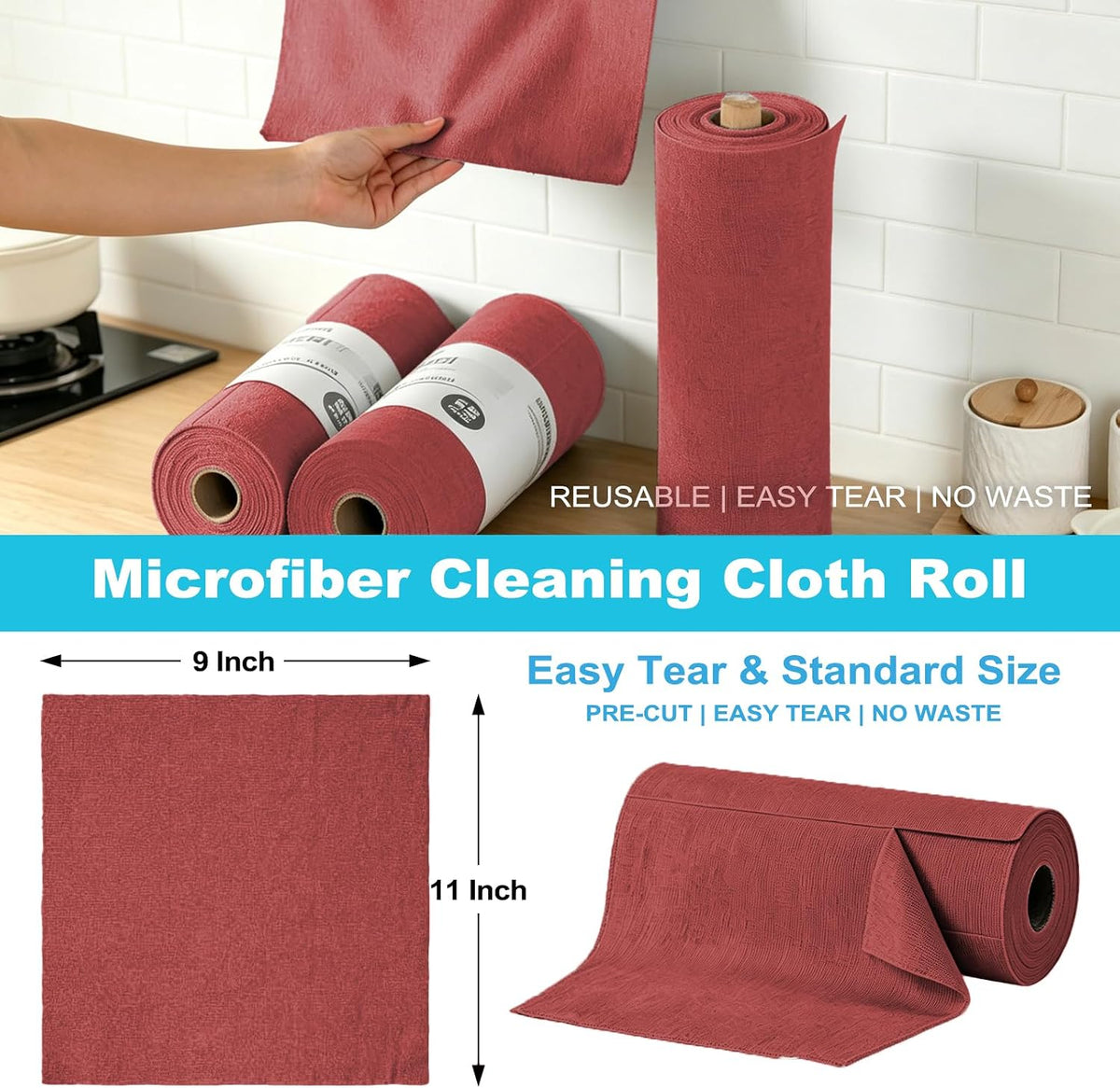 55 Pack Microfiber Cleaning Cloth Roll, Tear Away Reusable Paper Towels, 11" x 9", Ultra Absorbent & Lint Free Microfiber Cloth for Cleaning Cars, Kitchen, Window, Home and Shop, Grey
