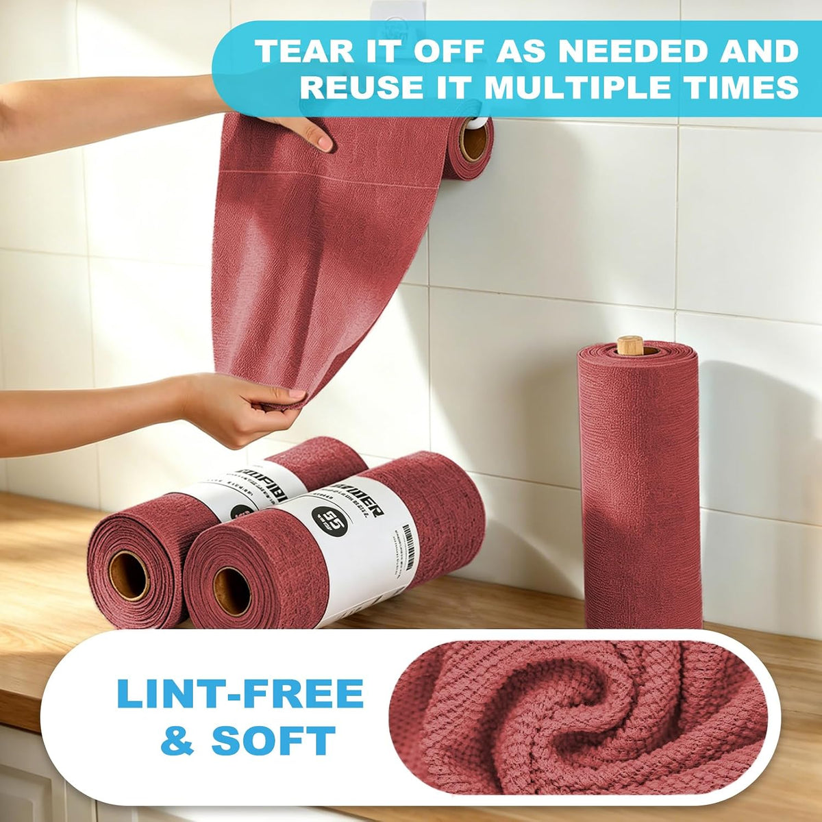 55 Pack Microfiber Cleaning Cloth Roll, Tear Away Reusable Paper Towels, 11" x 9", Ultra Absorbent & Lint Free Microfiber Cloth for Cleaning Cars, Kitchen, Window, Home and Shop, Grey