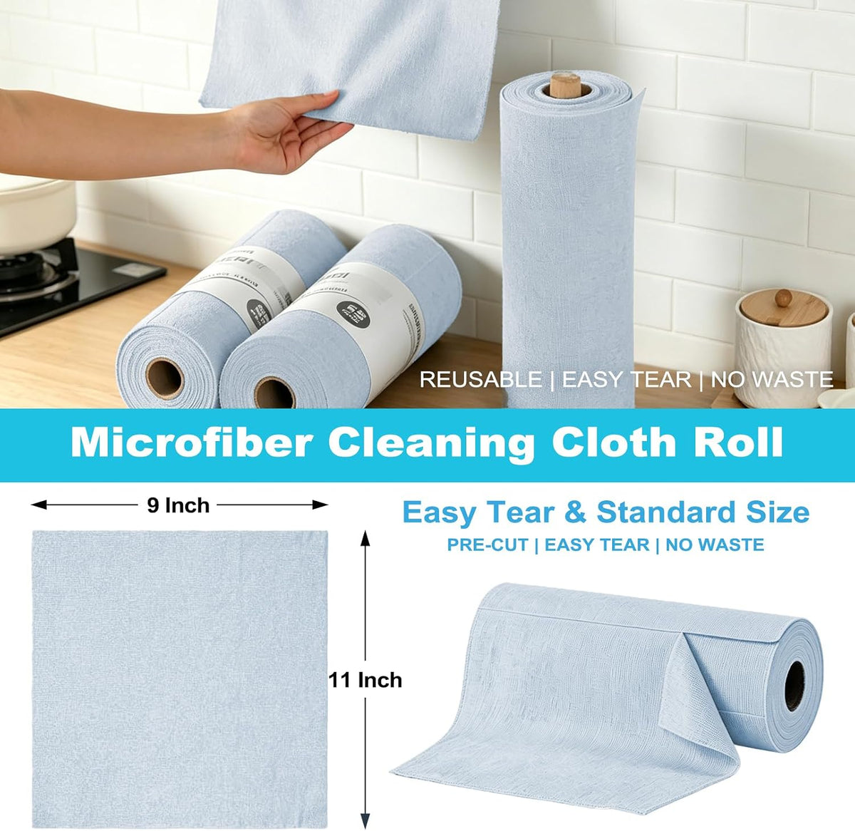 55 Pack Microfiber Cleaning Cloth Roll, Tear Away Reusable Paper Towels, 11" x 9", Ultra Absorbent & Lint Free Microfiber Cloth for Cleaning Cars, Kitchen, Window, Home and Shop, Grey