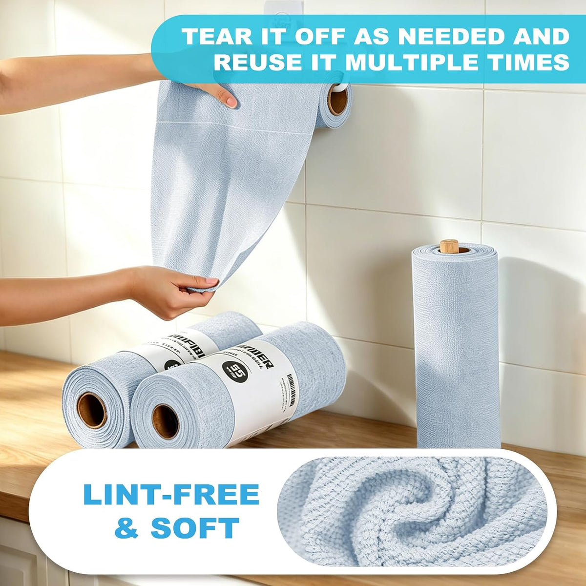 55 Pack Microfiber Cleaning Cloth Roll, Tear Away Reusable Paper Towels, 11" x 9", Ultra Absorbent & Lint Free Microfiber Cloth for Cleaning Cars, Kitchen, Window, Home and Shop, Grey
