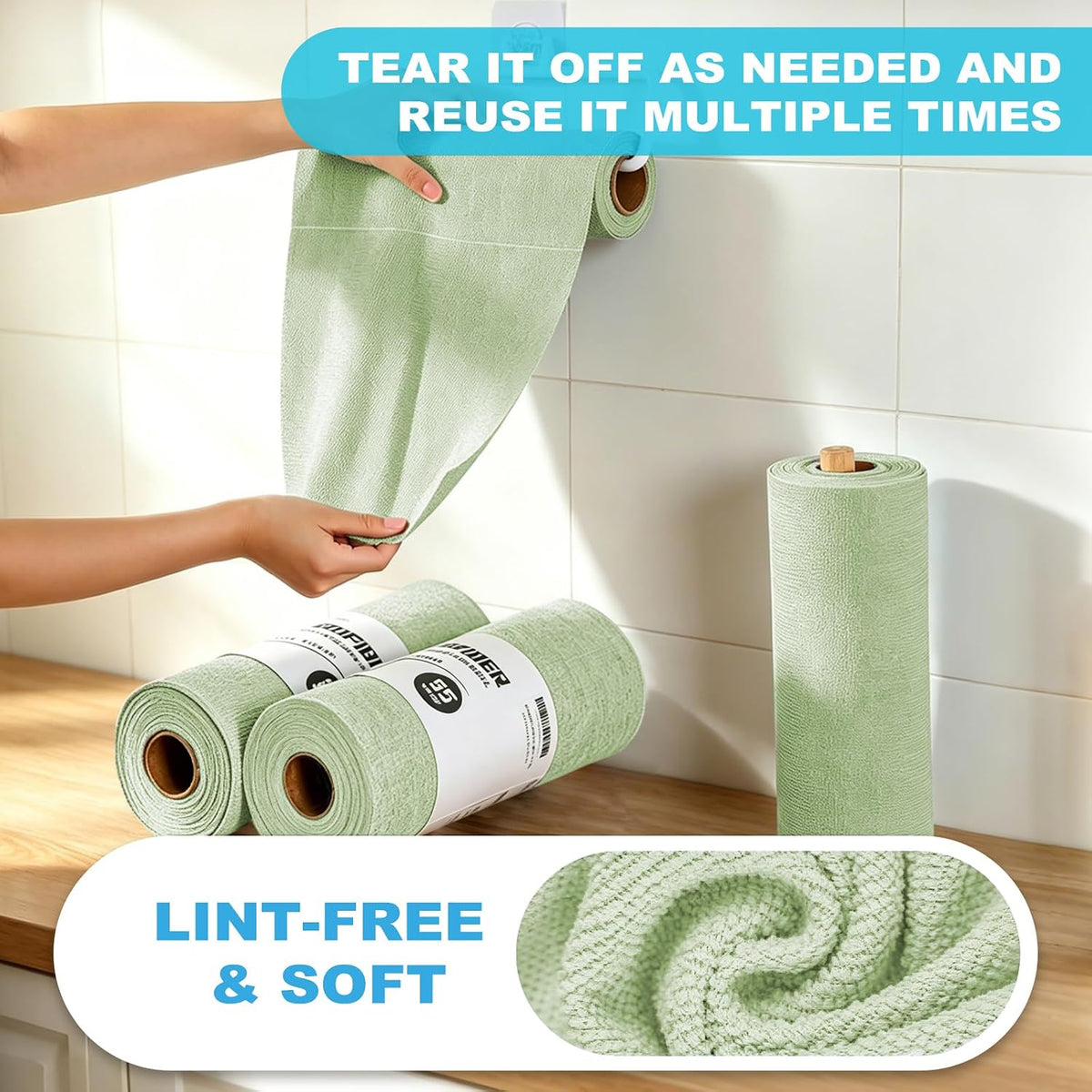 55 Pack Microfiber Cleaning Cloth Roll, Tear Away Reusable Paper Towels, 11" x 9", Ultra Absorbent & Lint Free Microfiber Cloth for Cleaning Cars, Kitchen, Window, Home and Shop, Grey