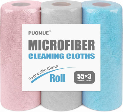 55 Pack Microfiber Cleaning Cloth Roll, Tear Away Reusable Paper Towels, 11" x 9", Ultra Absorbent & Lint Free Microfiber Cloth for Cleaning Cars, Kitchen, Window, Home and Shop, Grey