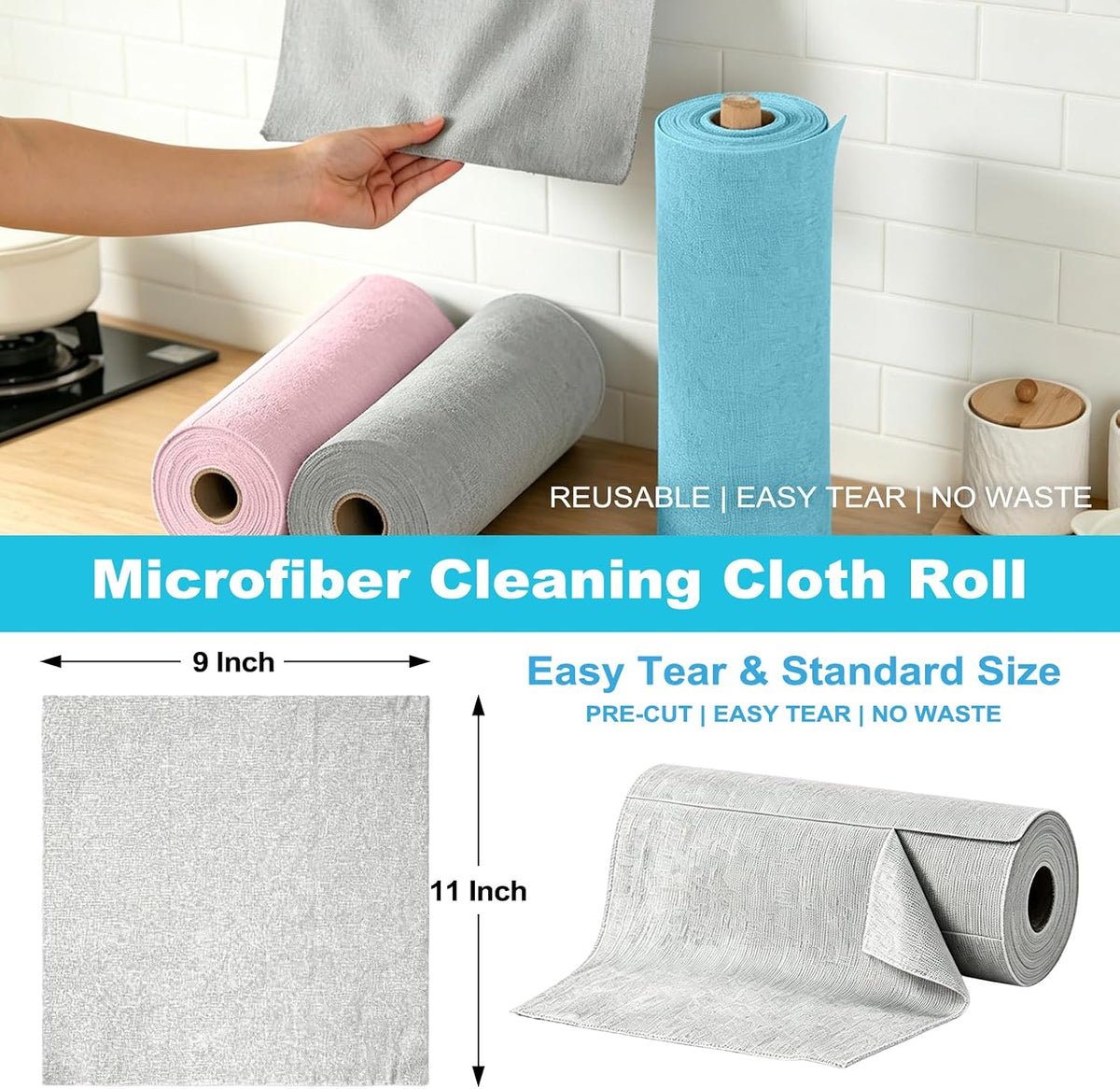 55 Pack Microfiber Cleaning Cloth Roll, Tear Away Reusable Paper Towels, 11" x 9", Ultra Absorbent & Lint Free Microfiber Cloth for Cleaning Cars, Kitchen, Window, Home and Shop, Grey