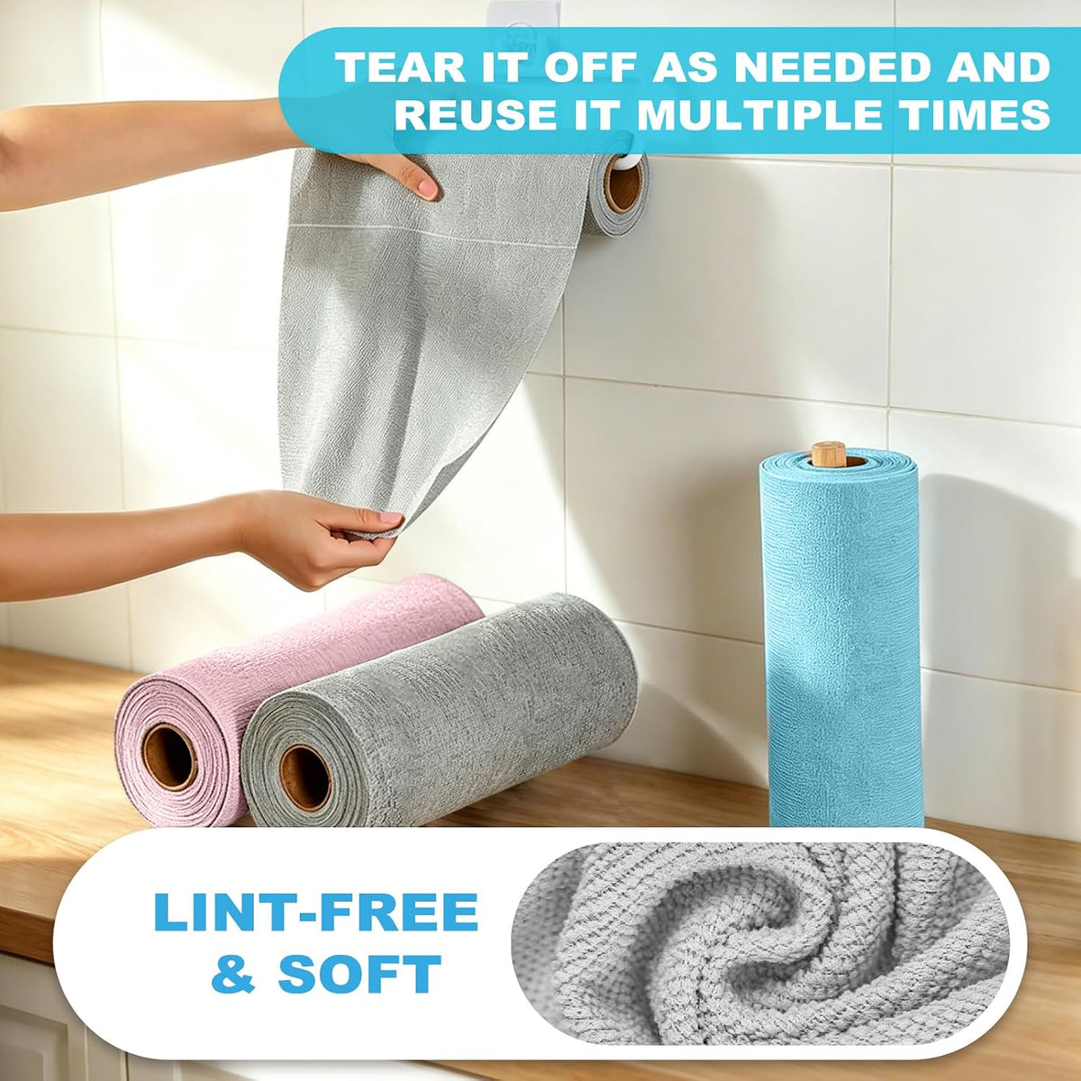 55 Pack Microfiber Cleaning Cloth Roll, Tear Away Reusable Paper Towels, 11" x 9", Ultra Absorbent & Lint Free Microfiber Cloth for Cleaning Cars, Kitchen, Window, Home and Shop, Grey