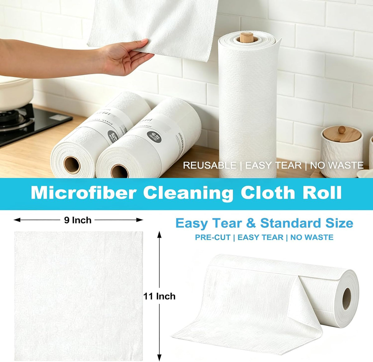 55 Pack Microfiber Cleaning Cloth Roll, Tear Away Reusable Paper Towels, 11" x 9", Ultra Absorbent & Lint Free Microfiber Cloth for Cleaning Cars, Kitchen, Window, Home and Shop, Grey
