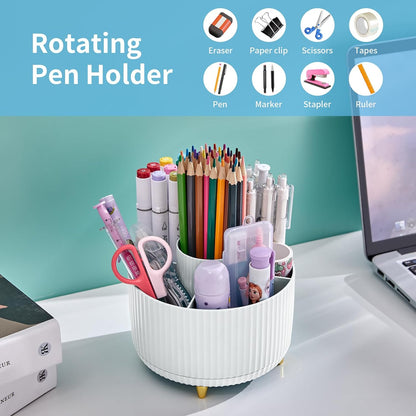 Desk Organizer, 360-Degree Rotating Pen Holder, Desk Organizers and Accessories with 5 Compartments Pencil Holder, Art Supply Storage Box Caddy for Office, Home（White）