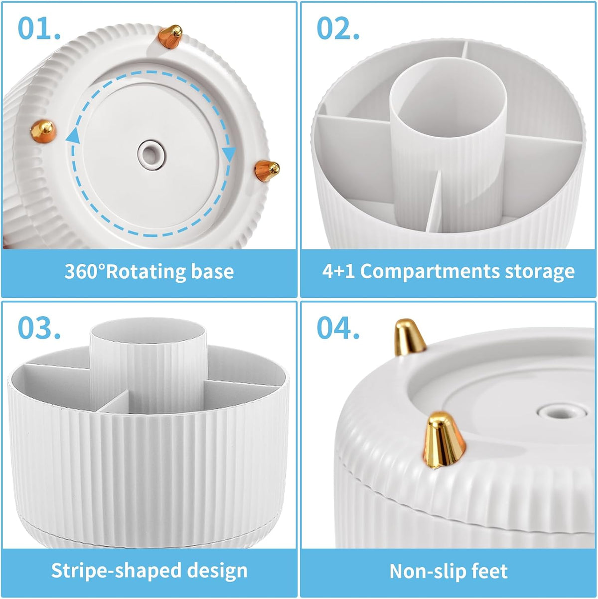 Desk Organizer, 360-Degree Rotating Pen Holder, Desk Organizers and Accessories with 5 Compartments Pencil Holder, Art Supply Storage Box Caddy for Office, Home（White）