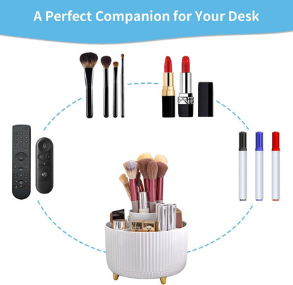 Desk Organizer, 360-Degree Rotating Pen Holder, Desk Organizers and Accessories with 5 Compartments Pencil Holder, Art Supply Storage Box Caddy for Office, Home（White）