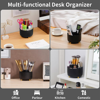 Desk Organizer, 360-Degree Rotating Pen Holder, Desk Organizers and Accessories with 5 Compartments Pencil Holder, Art Supply Storage Box Caddy for Office, Home（White）