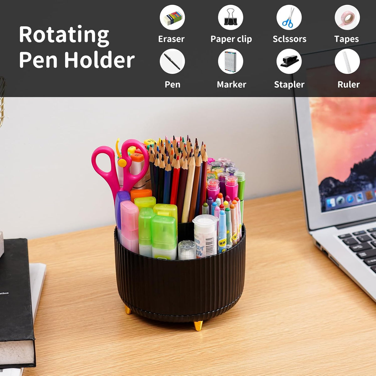 Desk Organizer, 360-Degree Rotating Pen Holder, Desk Organizers and Accessories with 5 Compartments Pencil Holder, Art Supply Storage Box Caddy for Office, Home（White）