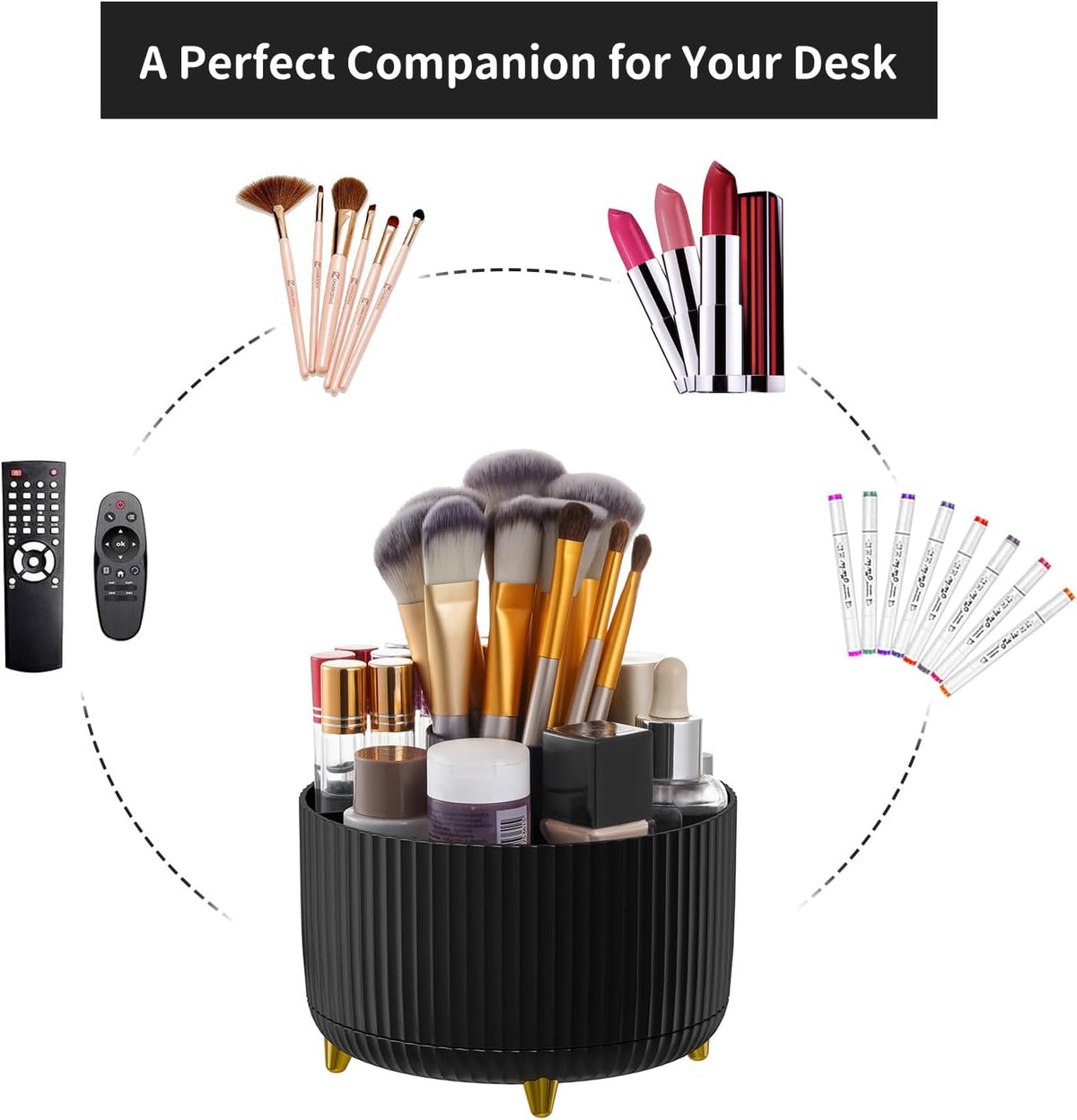 Desk Organizer, 360-Degree Rotating Pen Holder, Desk Organizers and Accessories with 5 Compartments Pencil Holder, Art Supply Storage Box Caddy for Office, Home（White）