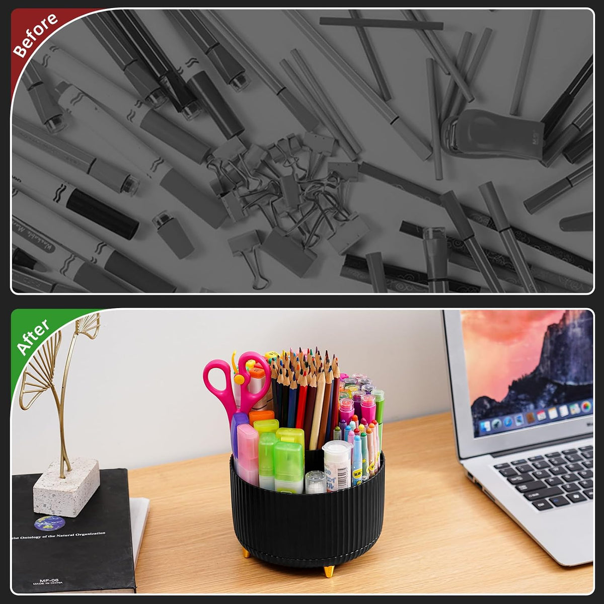 Desk Organizer, 360-Degree Rotating Pen Holder, Desk Organizers and Accessories with 5 Compartments Pencil Holder, Art Supply Storage Box Caddy for Office, Home（White）