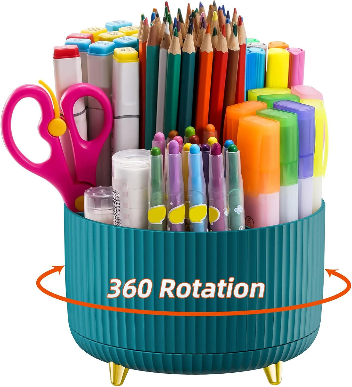 Desk Organizer, 360-Degree Rotating Pen Holder, Desk Organizers and Accessories with 5 Compartments Pencil Holder, Art Supply Storage Box Caddy for Office, Home（White）