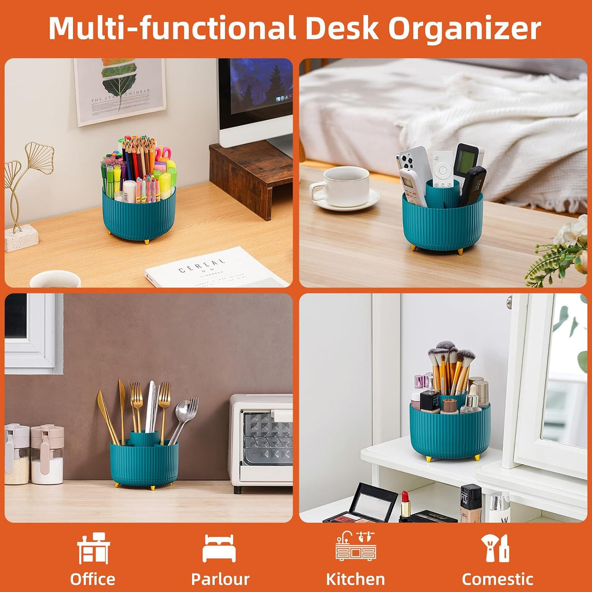 Desk Organizer, 360-Degree Rotating Pen Holder, Desk Organizers and Accessories with 5 Compartments Pencil Holder, Art Supply Storage Box Caddy for Office, Home（White）