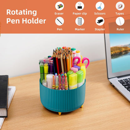 Desk Organizer, 360-Degree Rotating Pen Holder, Desk Organizers and Accessories with 5 Compartments Pencil Holder, Art Supply Storage Box Caddy for Office, Home（White）
