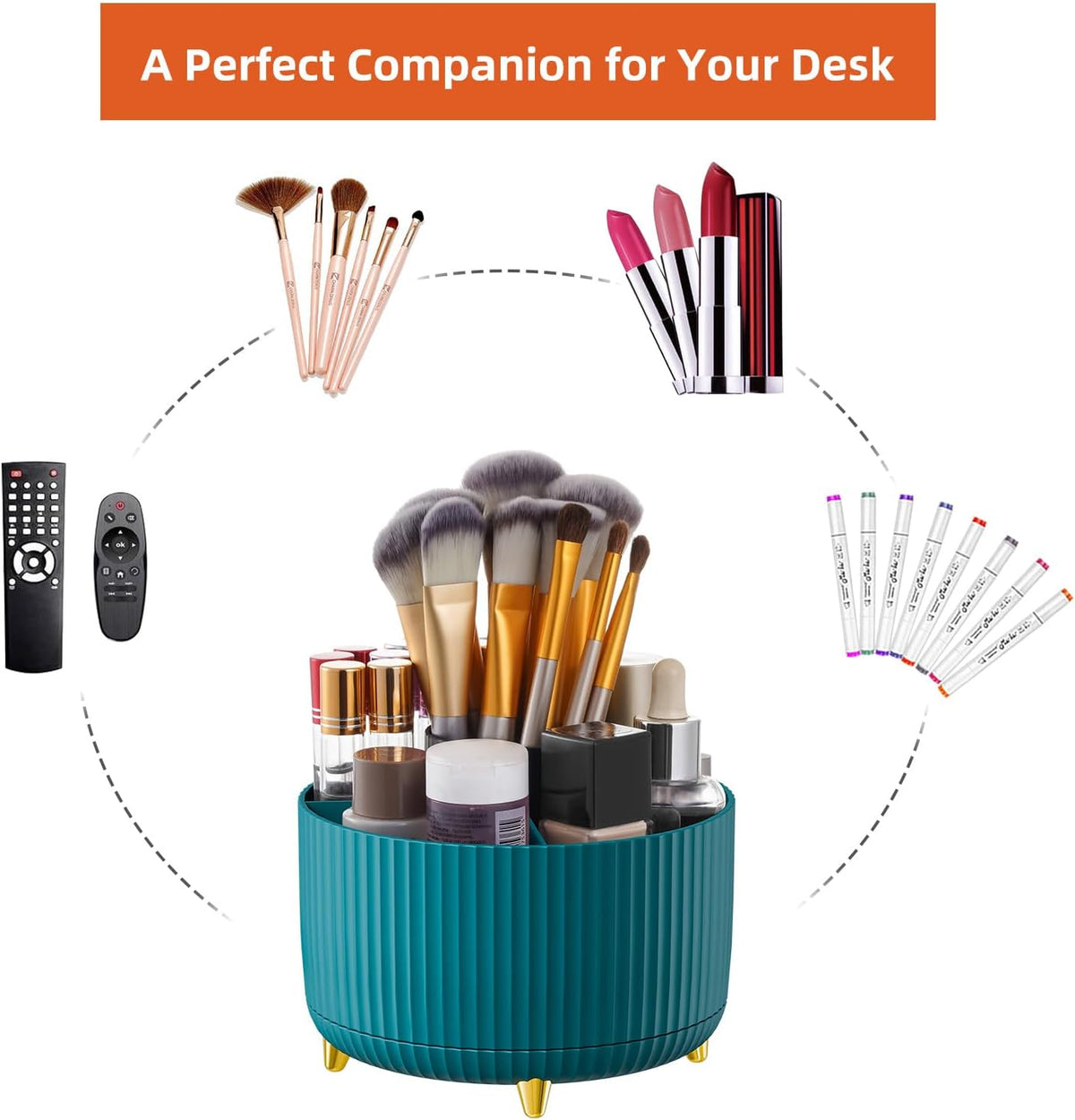 Desk Organizer, 360-Degree Rotating Pen Holder, Desk Organizers and Accessories with 5 Compartments Pencil Holder, Art Supply Storage Box Caddy for Office, Home（White）