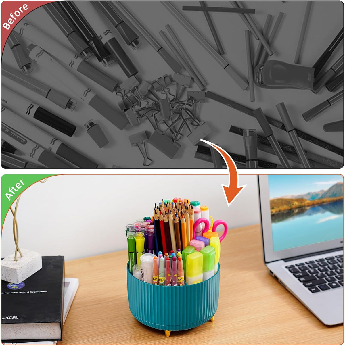 Desk Organizer, 360-Degree Rotating Pen Holder, Desk Organizers and Accessories with 5 Compartments Pencil Holder, Art Supply Storage Box Caddy for Office, Home（White）