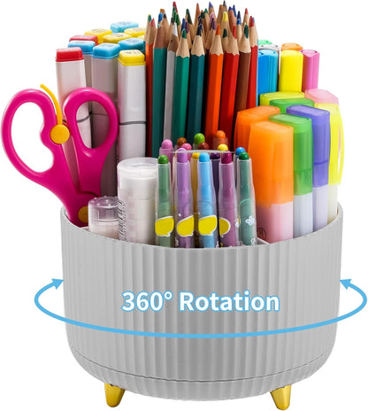 Desk Organizer, 360-Degree Rotating Pen Holder, Desk Organizers and Accessories with 5 Compartments Pencil Holder, Art Supply Storage Box Caddy for Office, Home（White）