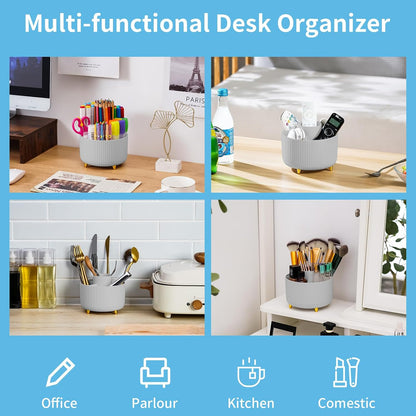 Desk Organizer, 360-Degree Rotating Pen Holder, Desk Organizers and Accessories with 5 Compartments Pencil Holder, Art Supply Storage Box Caddy for Office, Home（White）