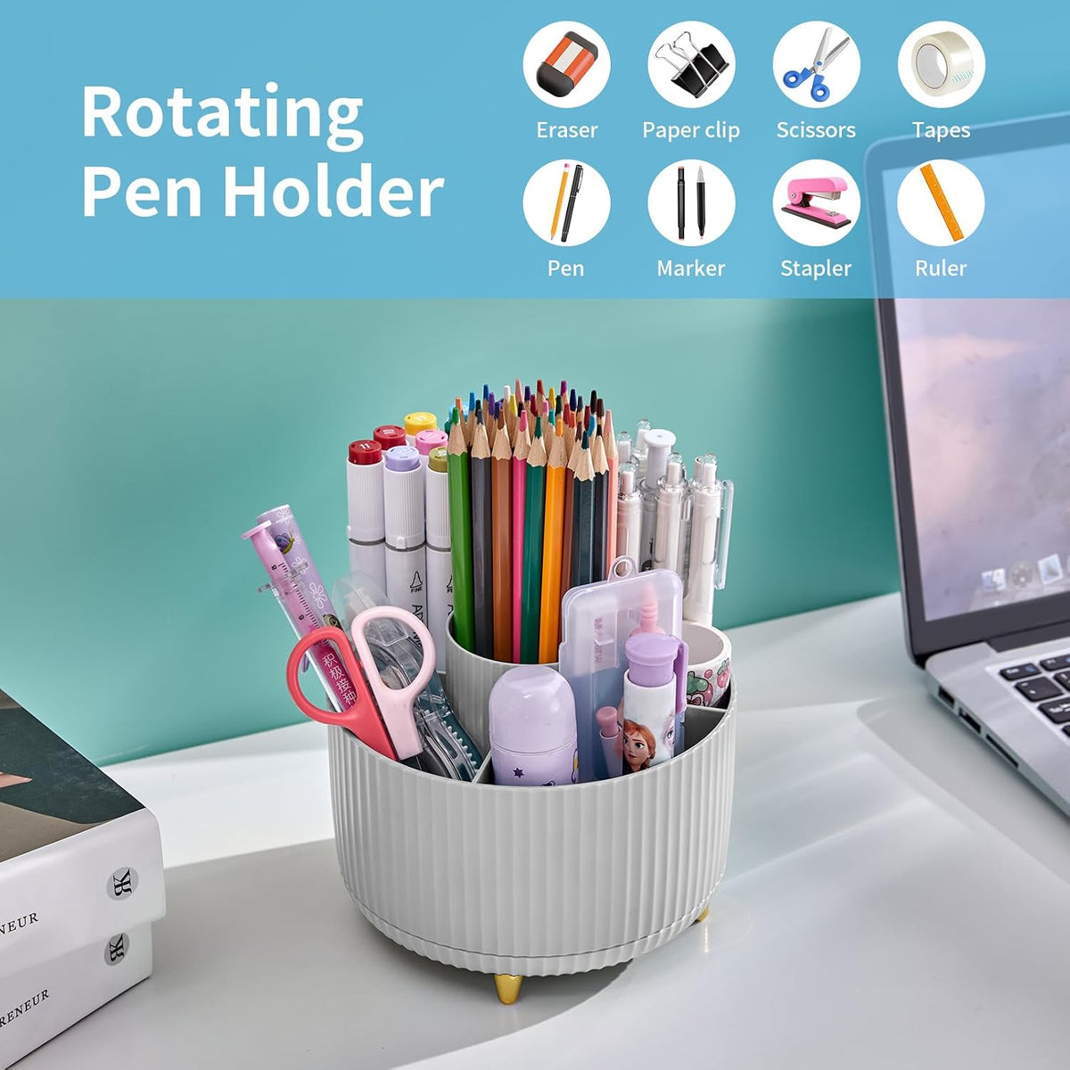 Desk Organizer, 360-Degree Rotating Pen Holder, Desk Organizers and Accessories with 5 Compartments Pencil Holder, Art Supply Storage Box Caddy for Office, Home（White）