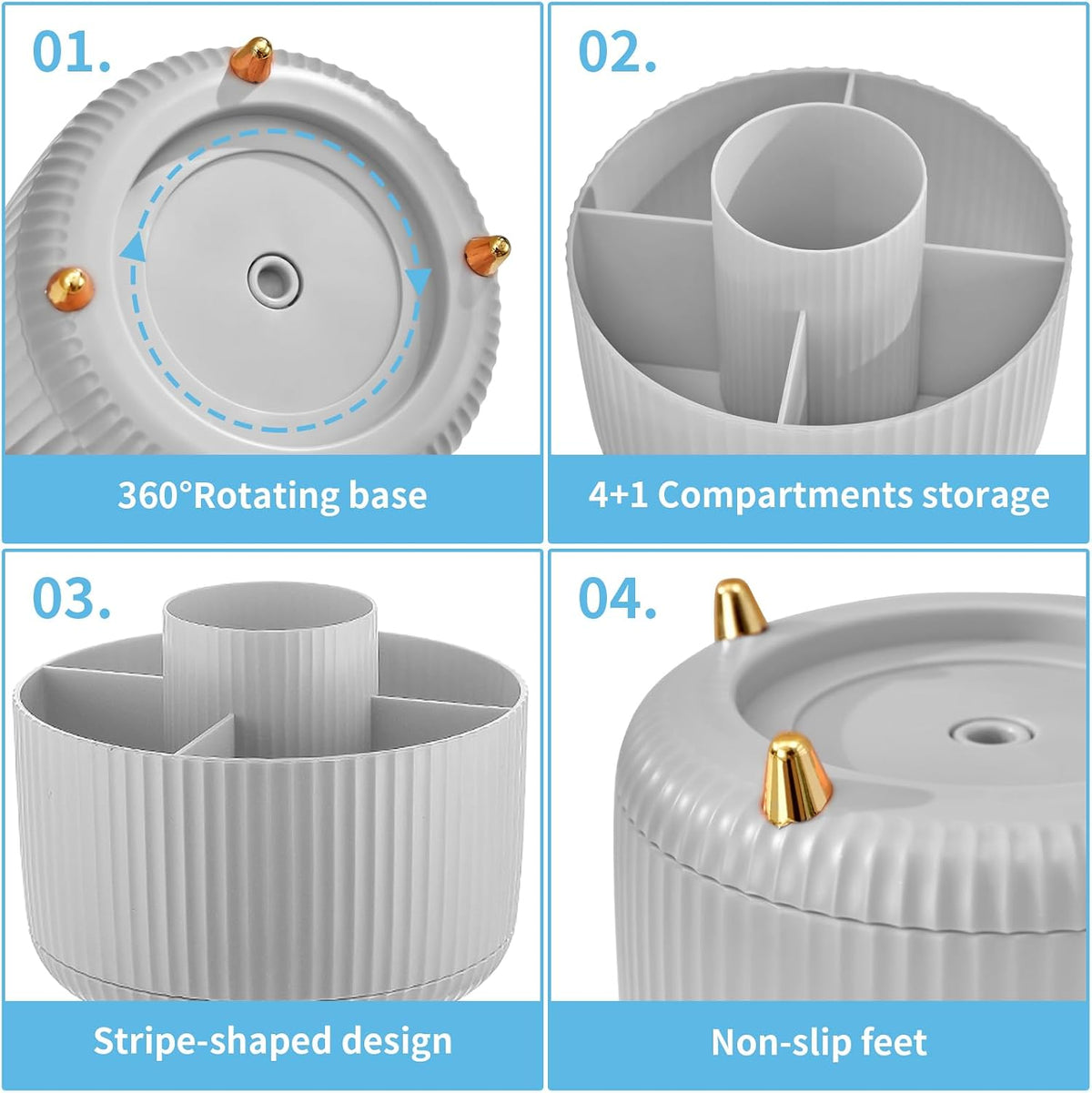 Desk Organizer, 360-Degree Rotating Pen Holder, Desk Organizers and Accessories with 5 Compartments Pencil Holder, Art Supply Storage Box Caddy for Office, Home（White）