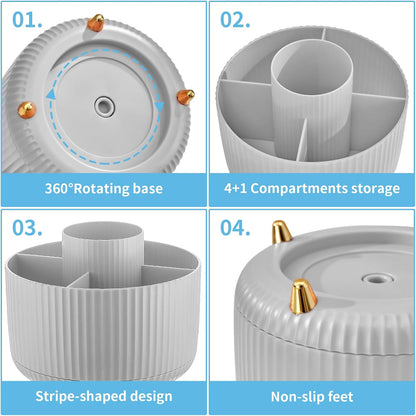 Desk Organizer, 360-Degree Rotating Pen Holder, Desk Organizers and Accessories with 5 Compartments Pencil Holder, Art Supply Storage Box Caddy for Office, Home（White）