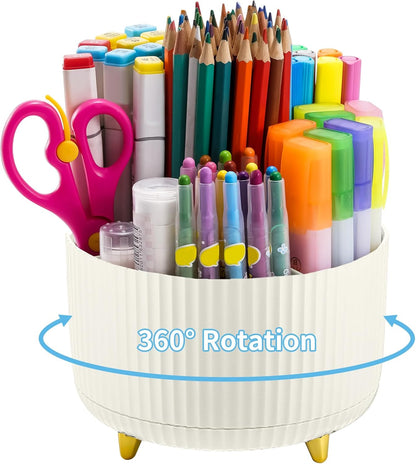 Desk Organizer, 360-Degree Rotating Pen Holder, Desk Organizers and Accessories with 5 Compartments Pencil Holder, Art Supply Storage Box Caddy for Office, Home（White）