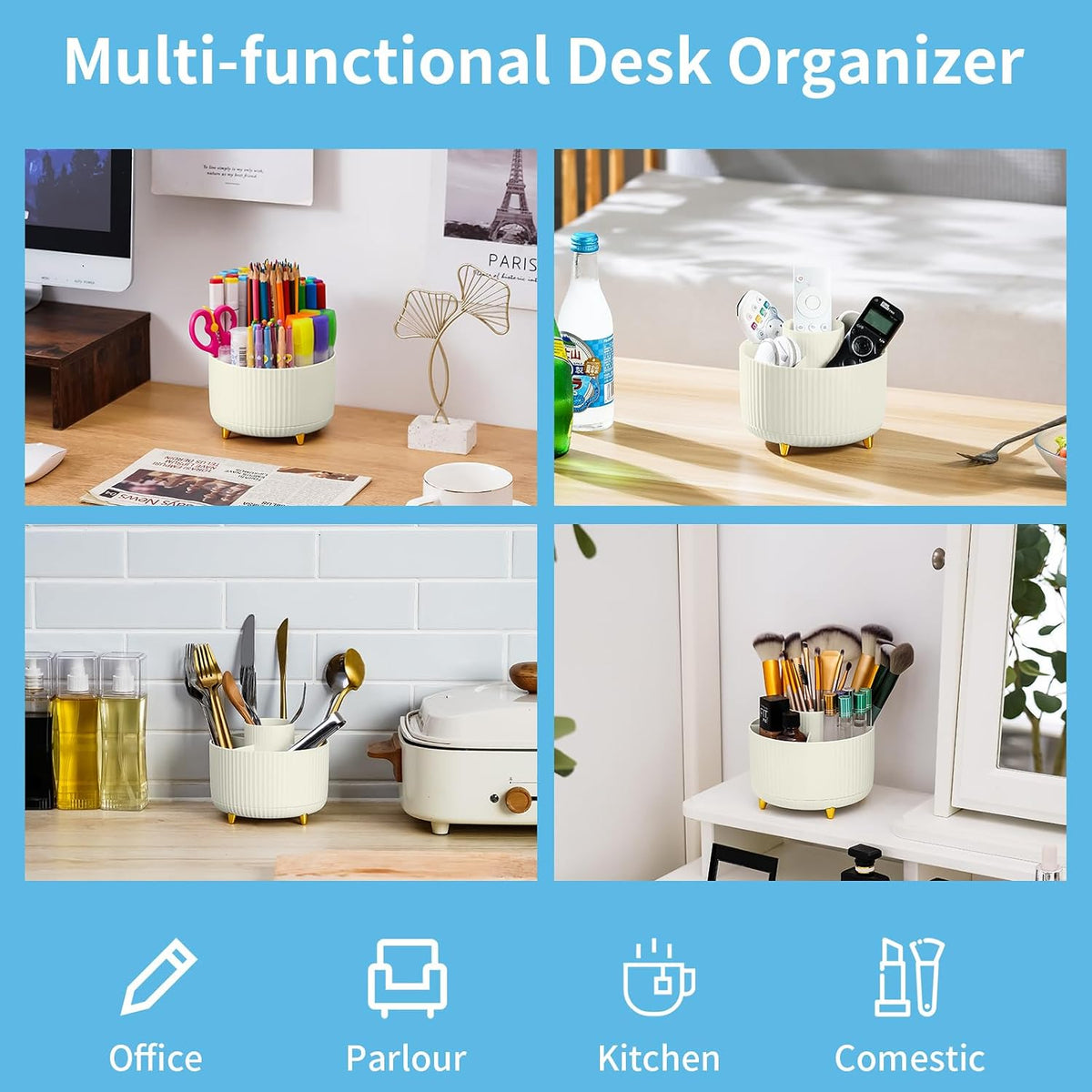 Desk Organizer, 360-Degree Rotating Pen Holder, Desk Organizers and Accessories with 5 Compartments Pencil Holder, Art Supply Storage Box Caddy for Office, Home（White）