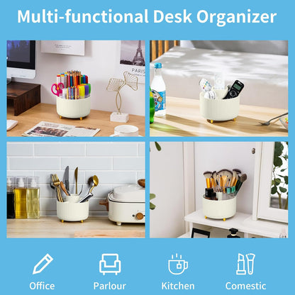 Desk Organizer, 360-Degree Rotating Pen Holder, Desk Organizers and Accessories with 5 Compartments Pencil Holder, Art Supply Storage Box Caddy for Office, Home（White）