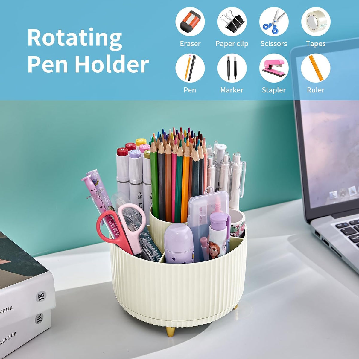 Desk Organizer, 360-Degree Rotating Pen Holder, Desk Organizers and Accessories with 5 Compartments Pencil Holder, Art Supply Storage Box Caddy for Office, Home（White）