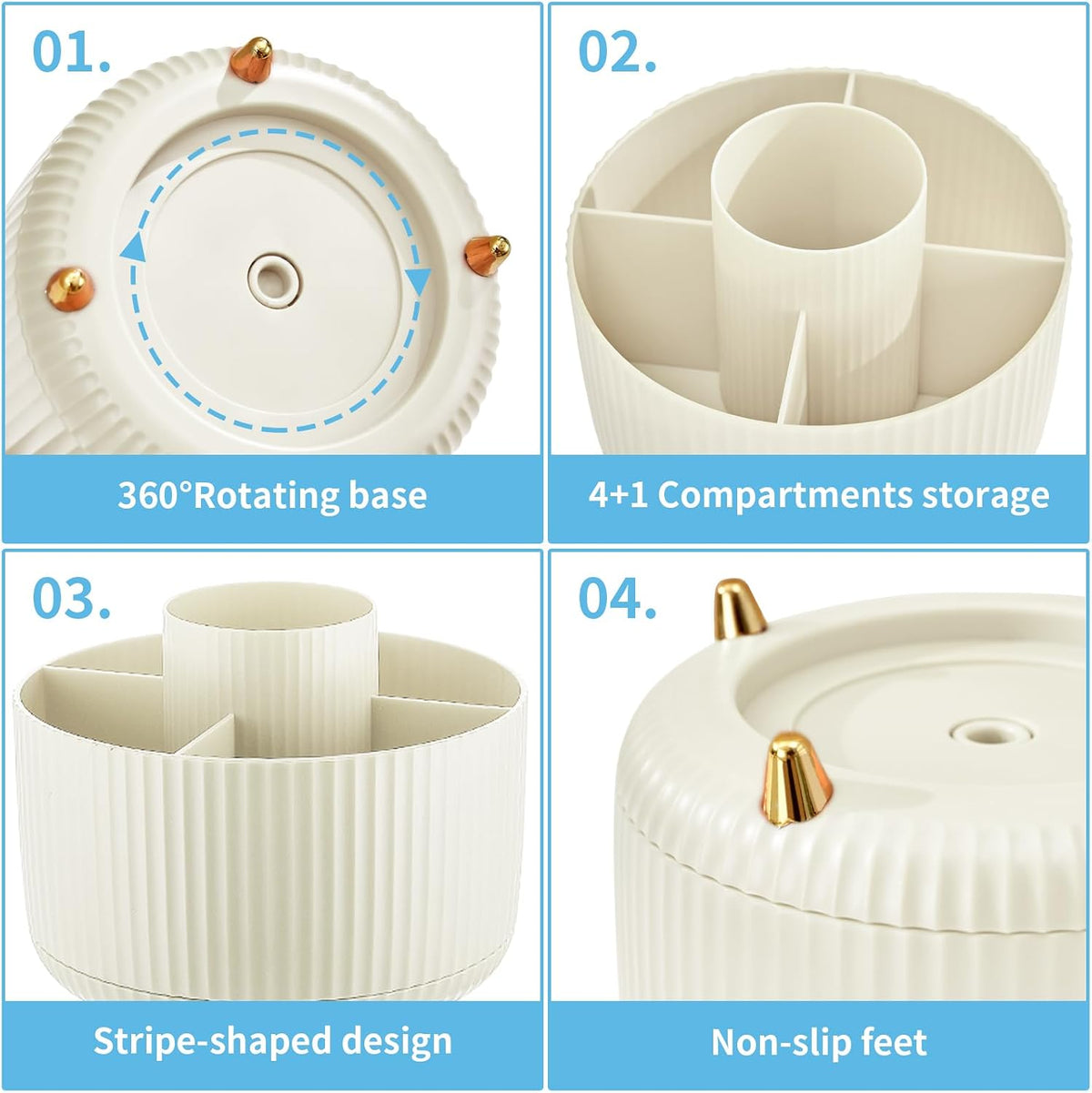 Desk Organizer, 360-Degree Rotating Pen Holder, Desk Organizers and Accessories with 5 Compartments Pencil Holder, Art Supply Storage Box Caddy for Office, Home（White）