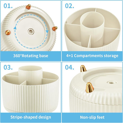 Desk Organizer, 360-Degree Rotating Pen Holder, Desk Organizers and Accessories with 5 Compartments Pencil Holder, Art Supply Storage Box Caddy for Office, Home（White）