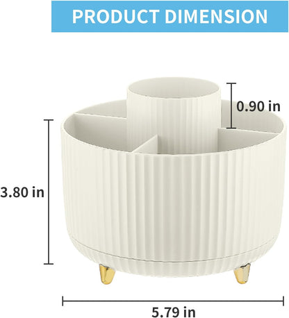Desk Organizer, 360-Degree Rotating Pen Holder, Desk Organizers and Accessories with 5 Compartments Pencil Holder, Art Supply Storage Box Caddy for Office, Home（White）