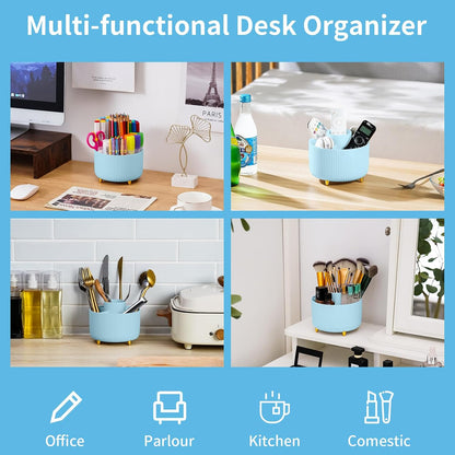 Desk Organizer, 360-Degree Rotating Pen Holder, Desk Organizers and Accessories with 5 Compartments Pencil Holder, Art Supply Storage Box Caddy for Office, Home（White）